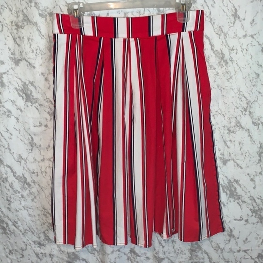 Vintage A Line Stripped Midi Skirt Red White & Navy w/Pockets Womens Size Medium - Picture 8 of 9